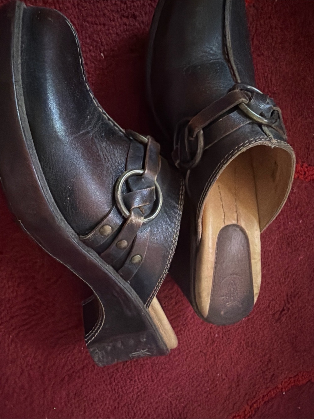 Frye Dark Brown Leather Slip-On Mules with Ring Accent